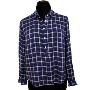 Crown & Ivy Blue Pink and White Plaid Henley Long Sleeve Soft Pullover Top PL